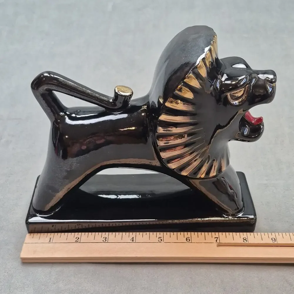 Mid Century Art Deco Roaring Lion Glossy Figurine Egyptian Reival Black & Gold